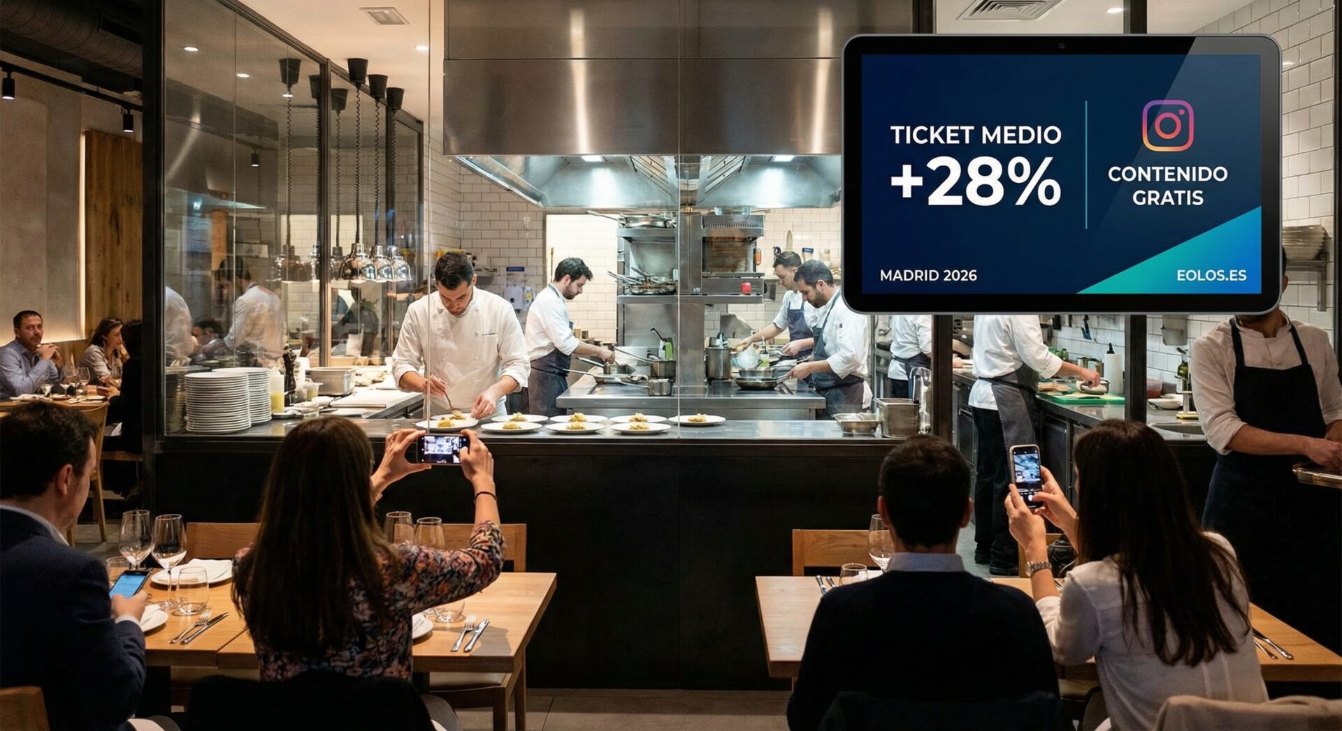 Diseño de cocina vista en restaurante Madrid – aumenta ticket medio y genera contenido